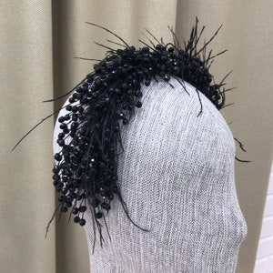 Black Bridal Headband, Black Tiara with Feathers, Black Gothic Headpiece