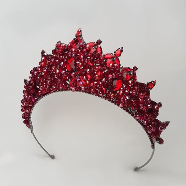 Burgundy Bridal Crown, Red Bridal Tiara, Burgundy Wedding Headpiece, Burgundy Royal Crown