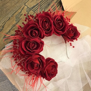 Red Rose Flower Crown, Red Bridal Tiara, Bride Headpiece, Wedding Tiara, Crystal Flower Crown