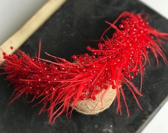 Red Bridal Headband with Feathers - Red Tiara Perfect for Henna Nights and Weddings