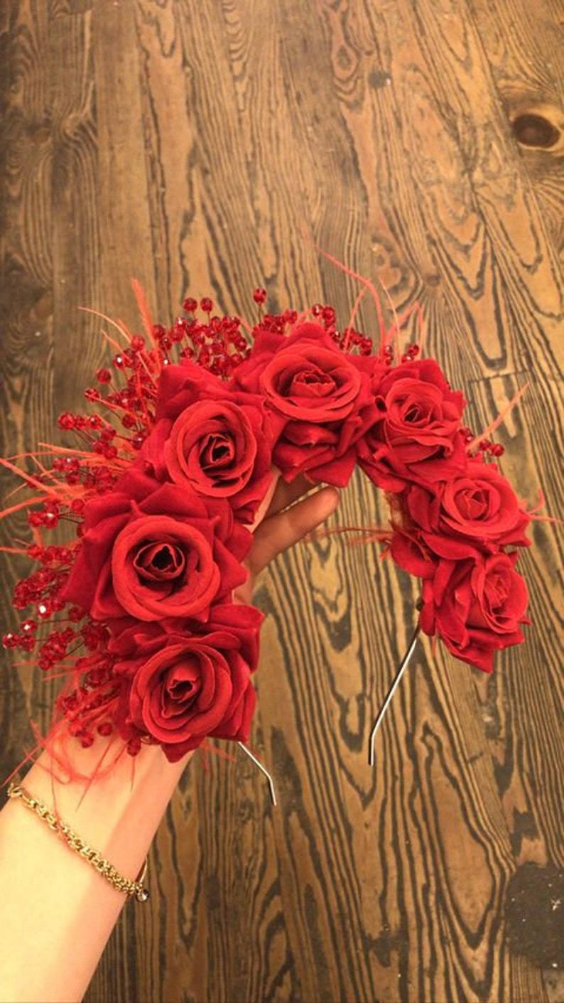 Red Rose Flower Crown Red Bridal Tiara Bride Headpiece Etsy