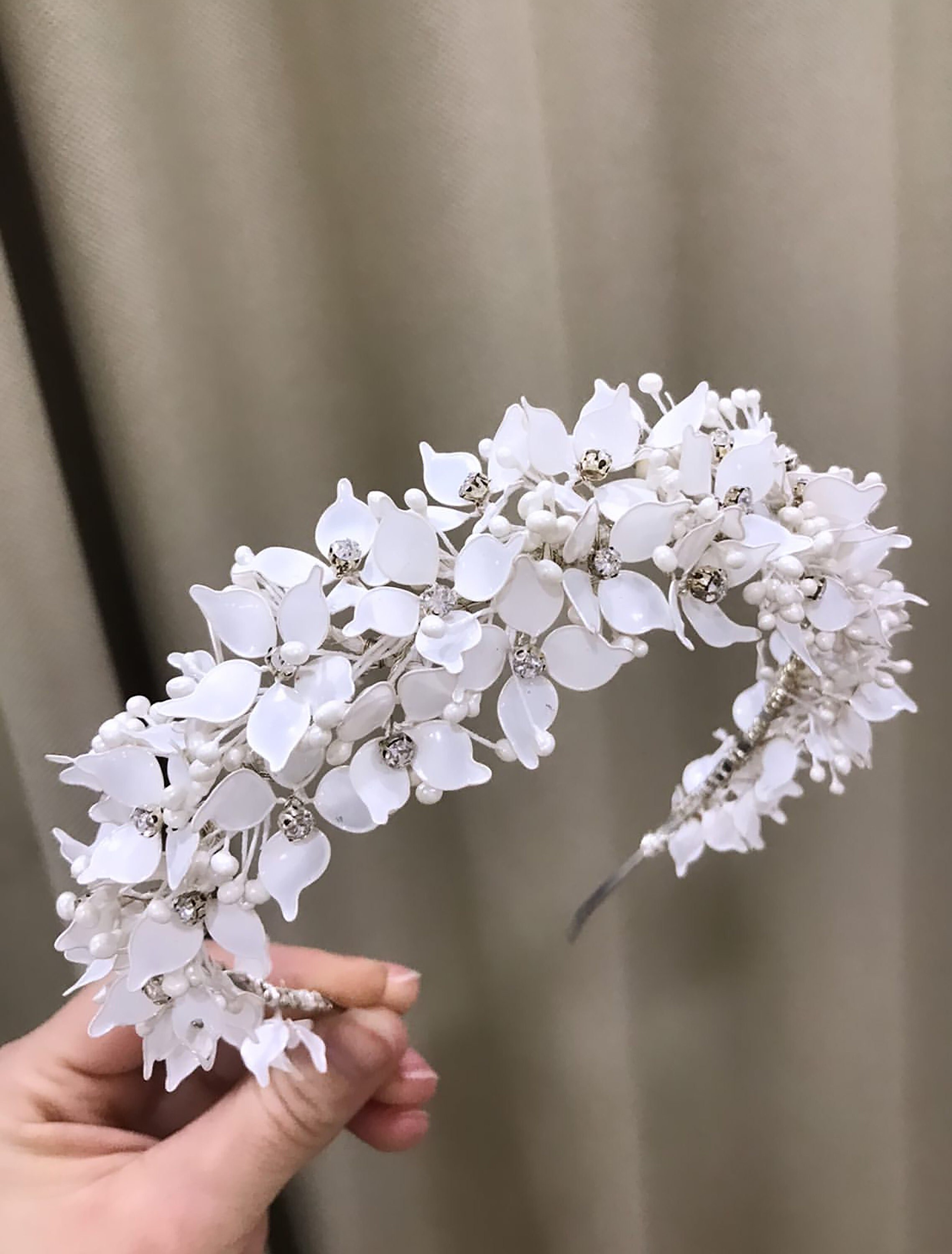 White Floral Bridal Tiara, Handcrafted Flower Crown, Boho 