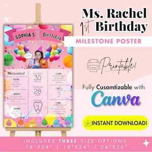Modelo de pôster de aniversário com tema "Sra. Rachel Rosa" | Canva editável | Marcos do bebê | Pôster para impressão | Download instantâneo | Festa