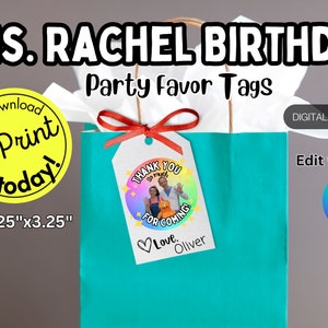 Etichette per bomboniere per la festa di compleanno della signora Rachel: modello modificabile (download digitale)