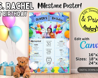 Ms. Rachel First Birthday Milestone Poster: Record, Display & Cherish Their Amazing 1st Year! Editable Template with Favorites and More