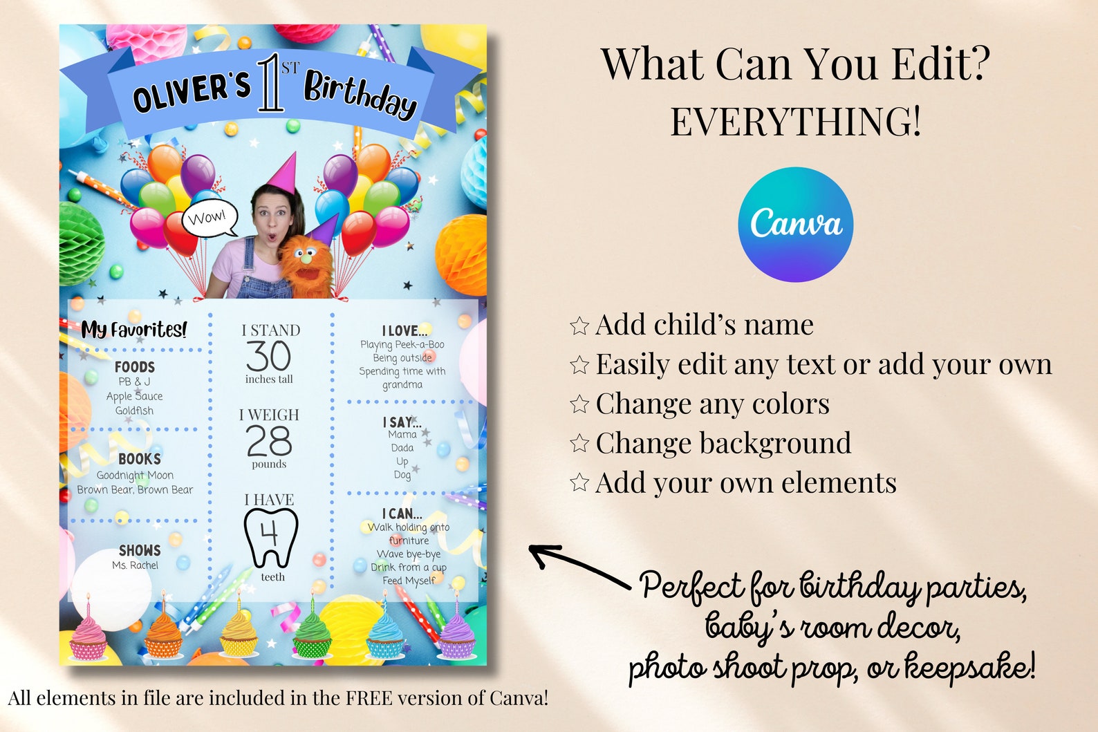 Ms. Rachel First Birthday Milestone Poster: Record, Display & Cherish ...