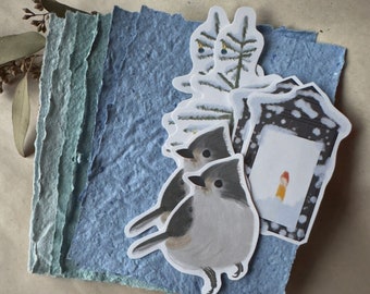 Blue Handmade Paper and Winter Stickers