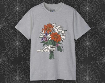 スカルブーケTシャツ、ゴシックTシャツ、ユニセックスグラフィックトップ、ハロウィンシャツ、死者の日の服