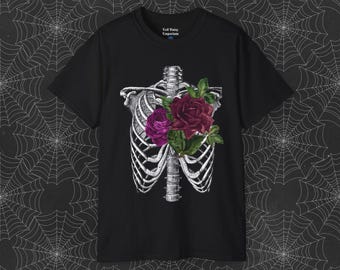 Camiseta con estampado floral gótico de esqueleto - Dark Academia Halloween Shirt