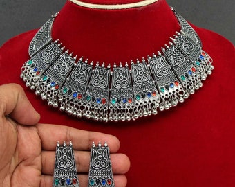 Multi Color Glass Stone Oxidized Necklace Set