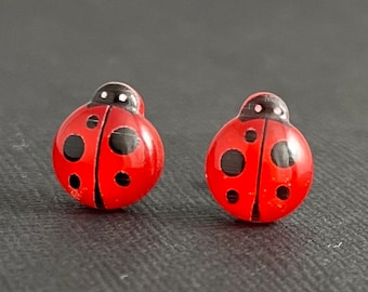 Resin Ladybug Earrings, Hypoallergenic Titanium Posts, Kawaii Jewelry