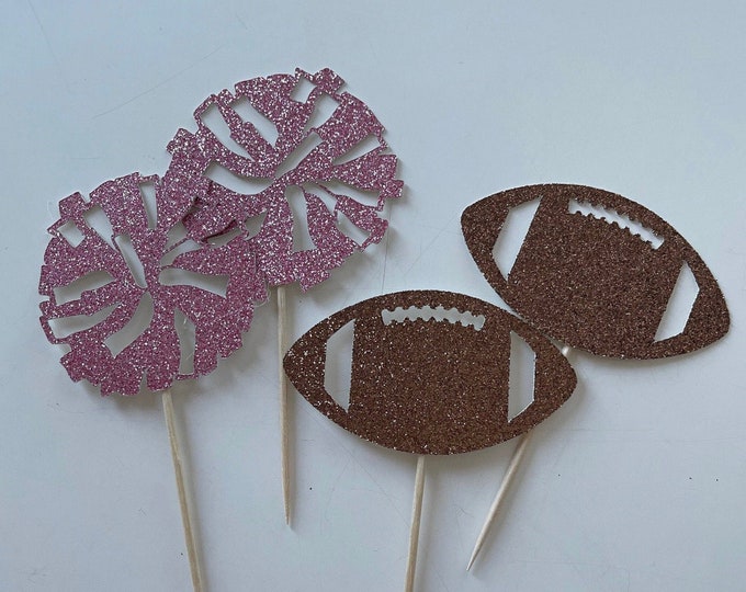 Gender reveal cupcake toppers, football or cheerleader cupcake toppers, football cupcake toppers, Set of 12