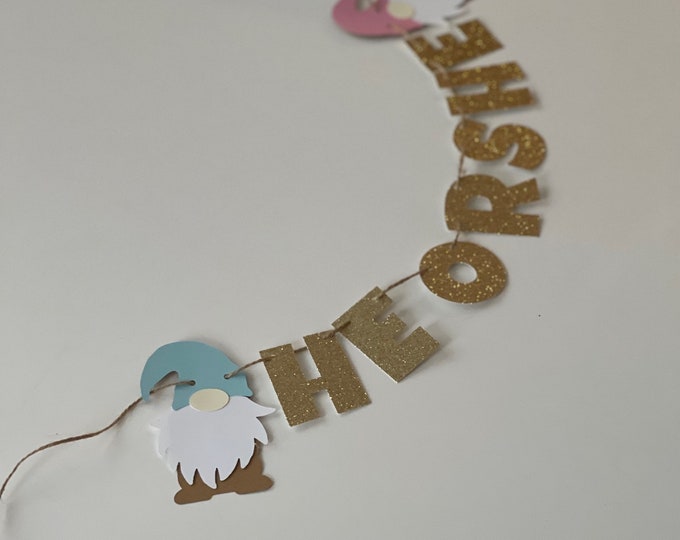 Gender reveal banner, gnome gender reveal banner, gnome banner, pink or blue banner, boy or girl banner, he or she banner