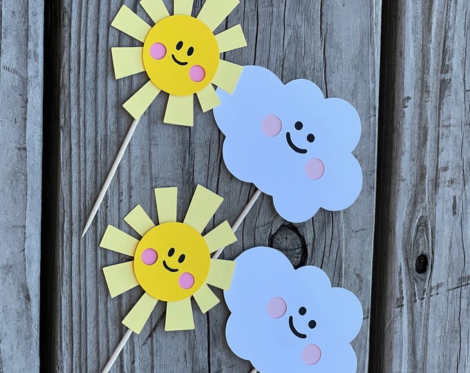 Sun cupcake toppers, sunny cupcake toppers, weather cupcake toppers, sun and clouds cupcake toppers, cloud cupcake toppers, set of 12
