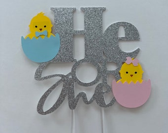 He or she cake topper, Easter gender reveal cake topper, Easter baby cake topper, Easter gender reveal party, hatching Chick cake topper