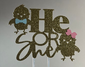 He or she cake topper, Easter gender reveal cake topper, Easter baby cake topper, Easter gender reveal party, Chick cake topper