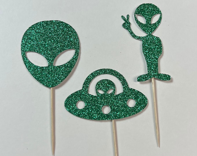 Alien cupcake toppers, alien toppers, extraterrestrial cupcake topper, space cupcake toppers, alien party decorations, set of 12 toppers