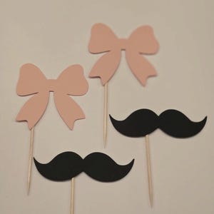 Gender reveal cupcake toppers, Gender reveal toppers, Bow cupcake toppers, Hair bow cupcake toppers, Mustache cupcake toppers,