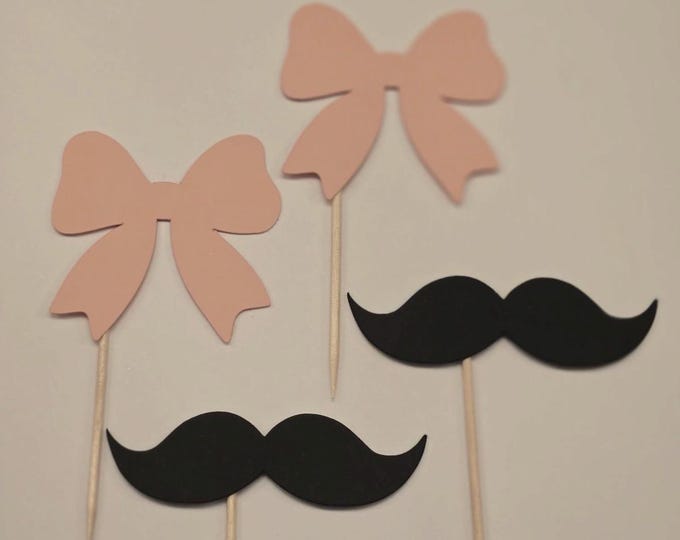 Gender reveal cupcake toppers, Gender reveal toppers, Bow cupcake toppers, Hair bow cupcake toppers, Mustache cupcake toppers,