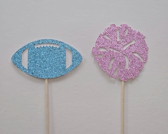 Gender reveal cupcake toppers, football or cheerleader cupcake toppers, football cupcake toppers, Set of 12