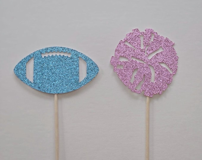 Gender reveal cupcake toppers, football or cheerleader cupcake toppers, football cupcake toppers, Set of 12
