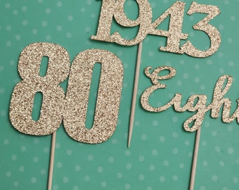 80th Birthday Cupcake Toppers: Glitter Number Eighty, Set of 12