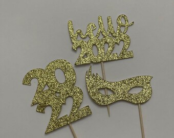 New Year Masquerade Cupcake Toppers: Gold Glitter, Set of 12