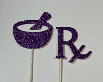 Pharmacy Cupcake Toppers: Glitter RX & Mortar, Set of 12