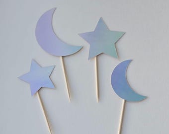 Moon cupcake toppers, Star cupcake toppers, Moon and stars cupcake toppers, moon and stars toppers, moon party decorations, set of 12