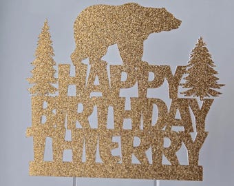 Grizzly Bear Birthday Cake Topper: Sparkle Paper Decoration