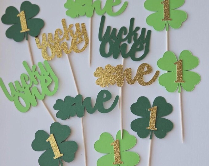 St Patricks first birthday cupcake toppers, clover cupcake toppers, shamrock cupcake toppers, s lucky one cupcake toppers, lucky one toppers