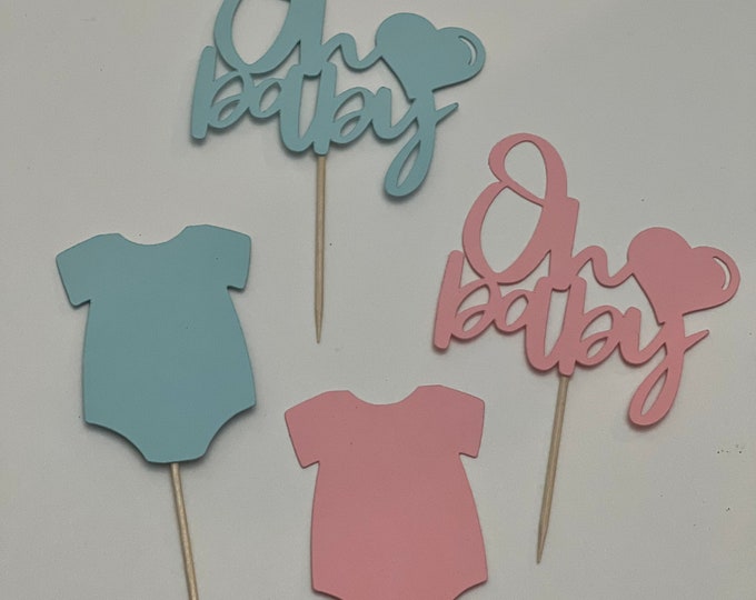 Gender reveal cupcake toppers, bow gender reveal cupcake toppers, pink or blue cupcake toppers, oh baby cupcake toppers, baby shower toppers