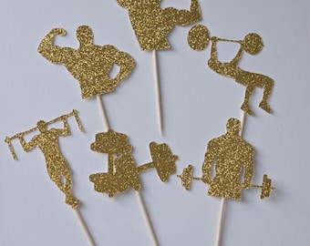 Weightlifting Cupcake Toppers: Gym Fitness Party Decorations (Set of 12)