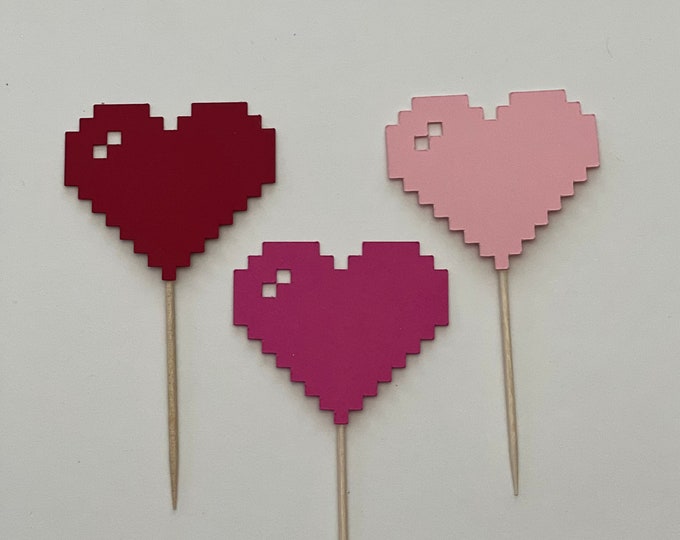 heart cupcake toppers, heart cake toppers, valentines cupcake toppers, Valentines toppers, heart shaped cupcake toppers, pixel heart toppers