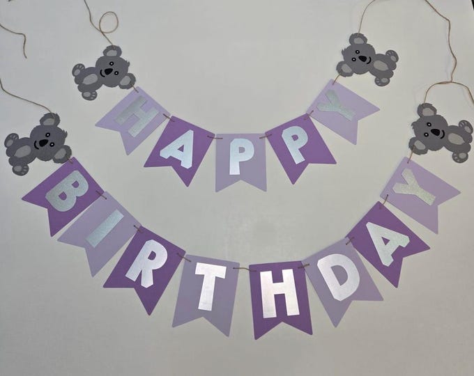 Koala banner, koala birthday banner, purple banner, holographic banner, personalized banner, koala bear banner