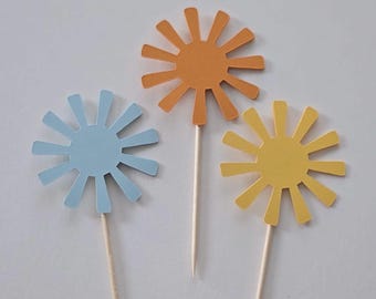 Sun cupcake toppers, sunshine cupcake toppers, here comes the son cupcake toppers, baby shower sun cupcake toppets, set of 12 toppers