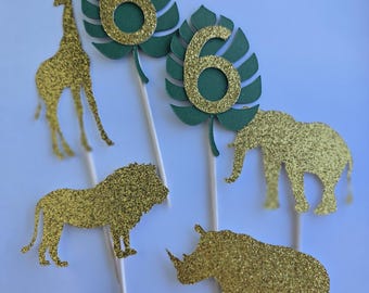 Safari Animal Cupcake Toppers: Glitter Lion, Elephant, Giraffe - Set of 12