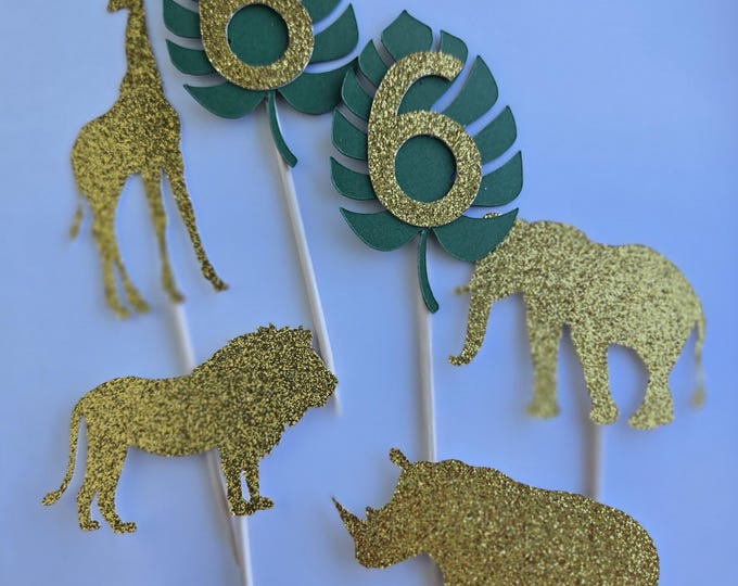 Safari Animal Cupcake Toppers: Glitter Lion, Elephant, Giraffe - Set of 12