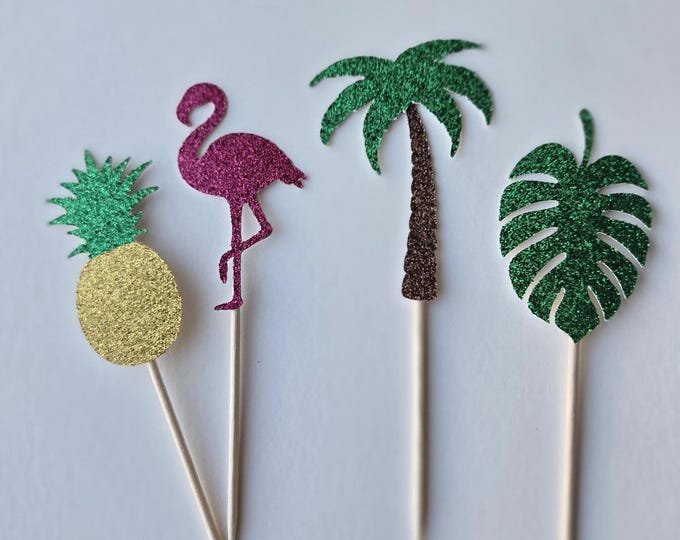 Tropical Cupcake Toppers: Pineapple, Flamingo, Palm Tree (Set of 12)