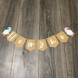 Gender reveal banner, gnome gender reveal banner, gnome banner, pink or blue banner, boy or girl banner, he or she banner