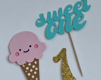 Sweet One Cupcake Toppers: Ice Cream Theme, Set of 12