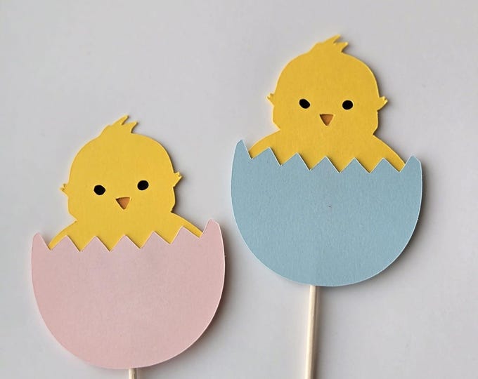 Easter gender reveal cupcake toppers, gender reveal cupcake toppers, chick  cupcake toppers, gender reveal toppers, hatching chick cupcake