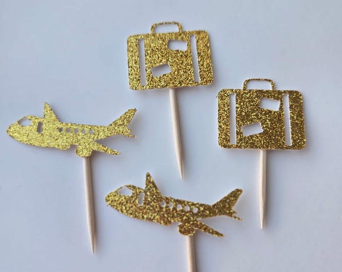 Travel cupcake toppers, traveling cupcake toppers, bon voyage cupcake toppers, goodbye cupcake toppers, set of 12 cupcake toppers