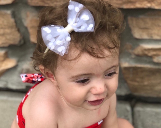 Tulle bow headband, polka dot headband, newborn headband, baby bow headband, white bow headband