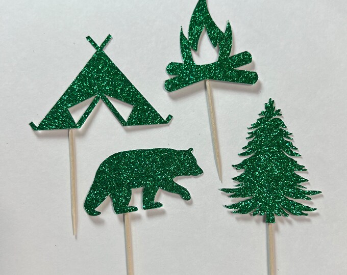 Camping cupcake toppers, campfire cupcake toppers, outdoor cupcake toppers, tree cupcake toppers, tent cupcake toppers, camping toppers