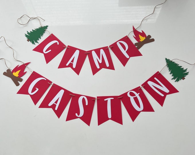 Happy camper banner, camper banner, camping birthday banner, camping hanging banner, campfire banner, wilderness banner