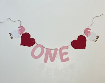Valentines First Birthday Banner: Heart & Gnome Decor