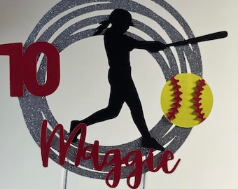 Personalized Softball Birthday Cake Topper: Glittery Player Silhouette