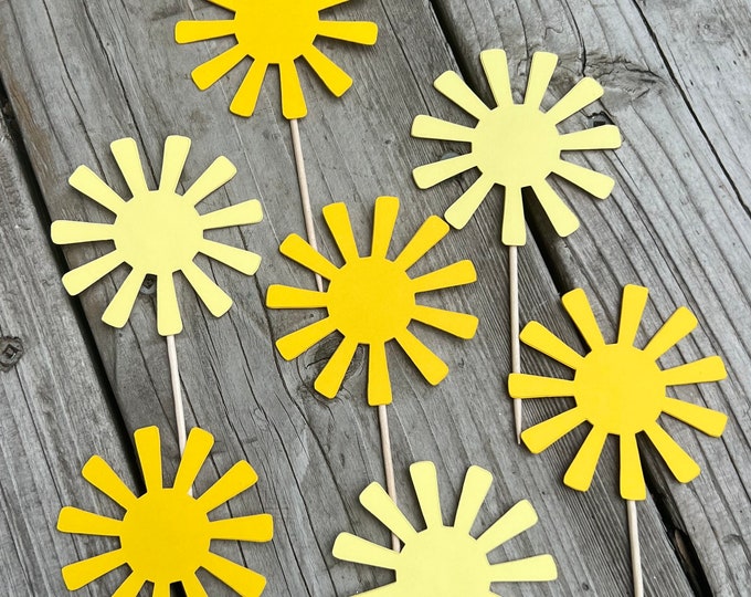 Sun cupcake toppers, sunny cupcake toppers, sunshine cupcake toppers, first trip around the sun cupcake toppers, muted sun toppers,set of 12