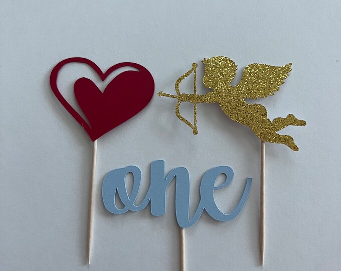 Valentines first birthday cupcake toppers, Cupid cucpakw toppers, First birthday cupcake toppers, heart cupcake topper, one cupcake toppers